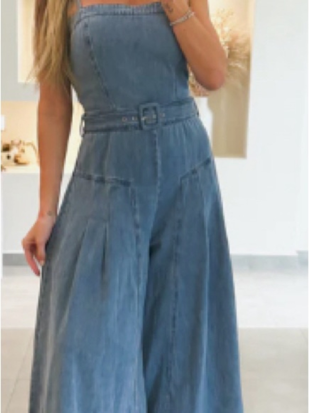 Blush Strapless Wide-Leg Denim Jumpsuit in Blue